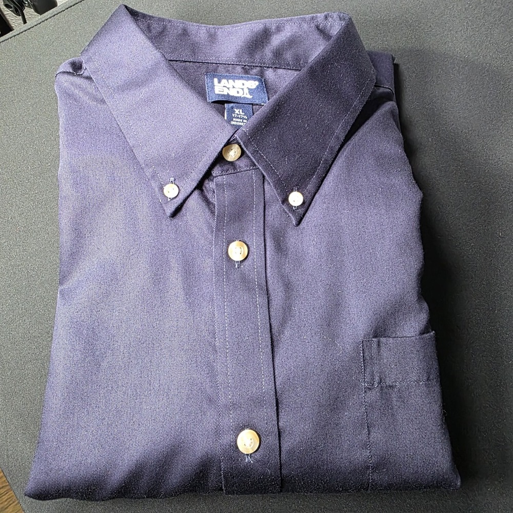 Lands' End 100% Cotton Navy Blue Button Long Sleeve Dress Shirt XL, 17 - 17.5